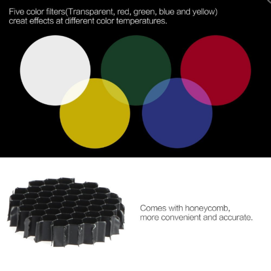 Conical Snoot with Honeycomb Grid 5pcs Color Filter Kit for Bowens Mount Studio Strobe Monolight Photography Flash